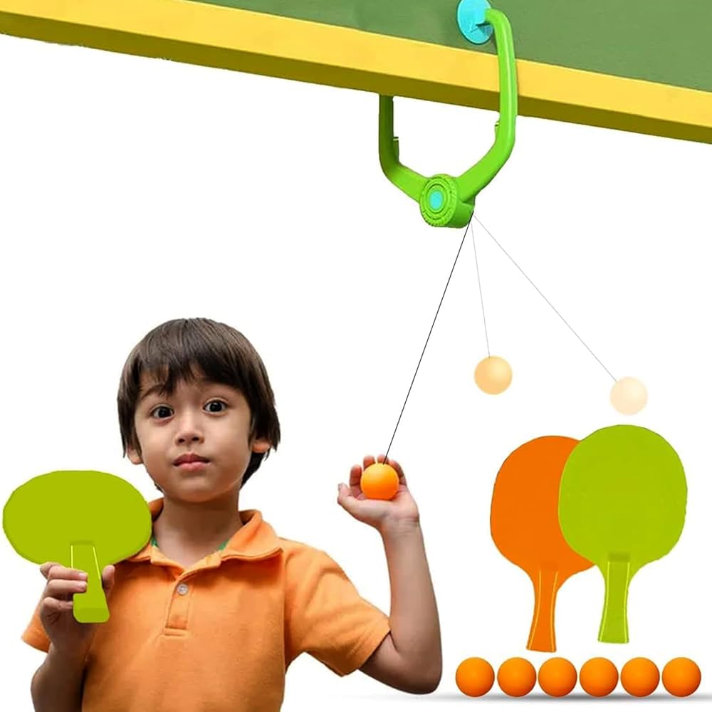 Wall Hanging Table Trainer Tenis for Kids | Indoor Ping Pong Game Set with 2 Rackets and 6 Balls