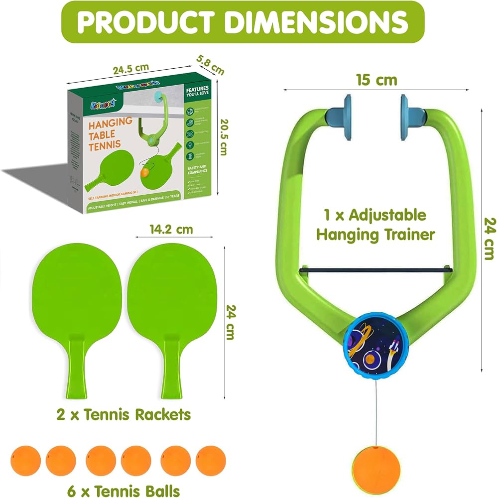 Wall Hanging Table Trainer Tenis for Kids | Indoor Ping Pong Game Set with 2 Rackets and 6 Balls