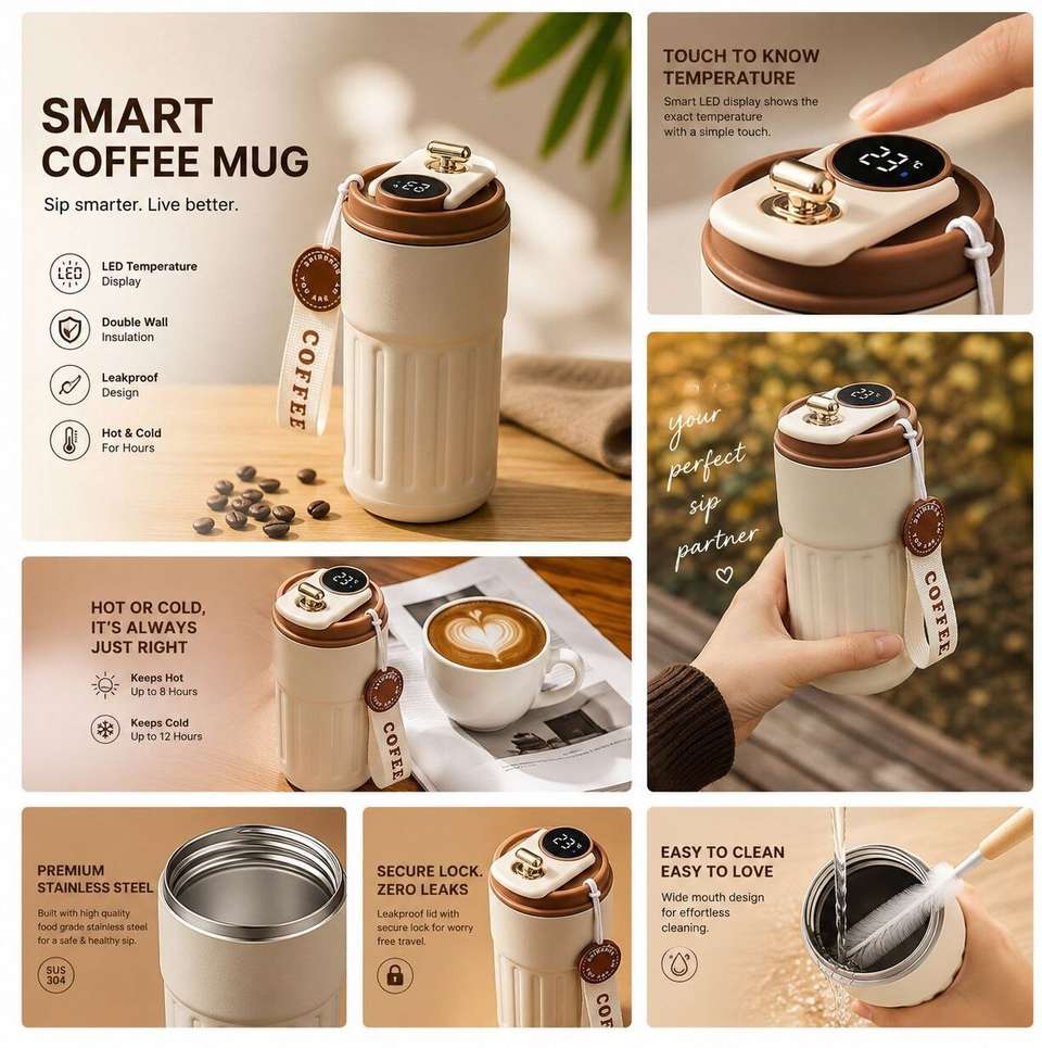 Cute Stainless Steel Coffee Mug with Temperature -420 Ml